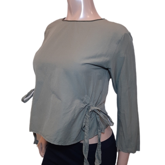 Zara Tops - ZARA Side Tie Top Cropped Sleeve Stretchy Olive Army Crew Neck Blouse